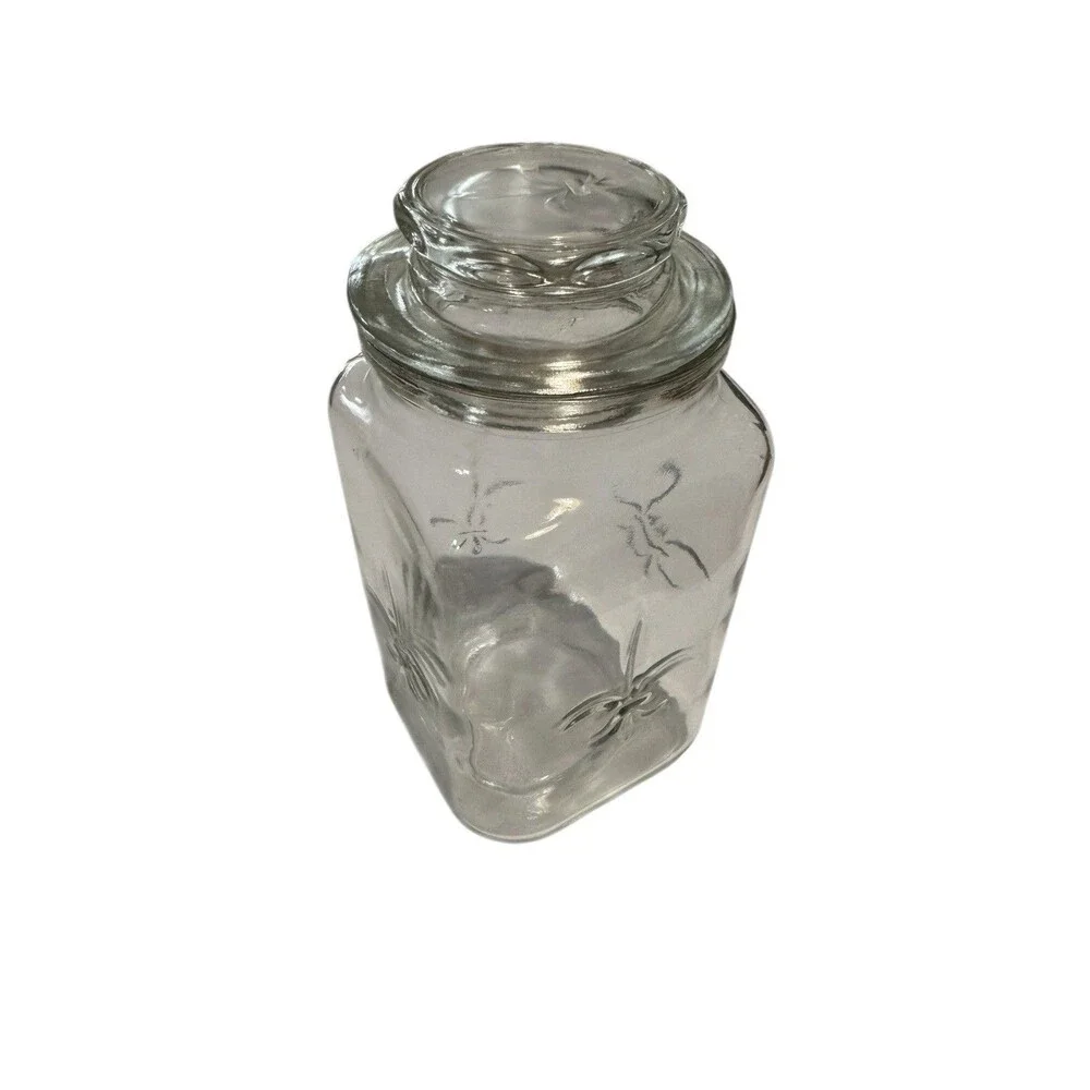 Vintage Fleur De Lis Clear Glass Apothecary Jar Canister Farmhouse Anchor Hock